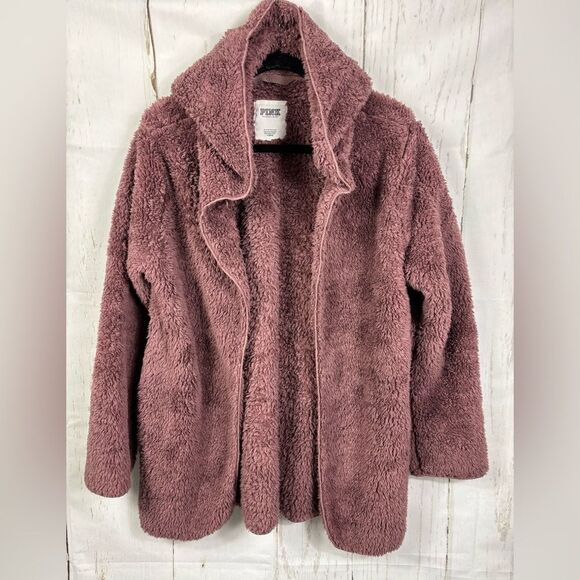 PINK Victoria Secret Sherpa Cardigan Cocoa Powder Mauve Open Front Hoodie - Picture 1 of 11